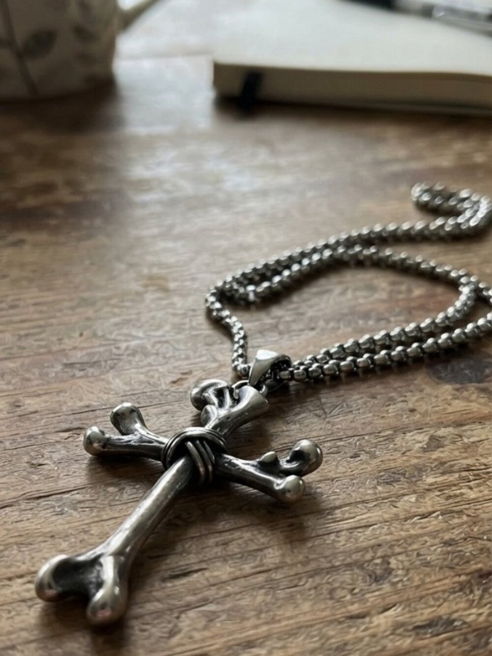 Mens Skeleton Bones Cross Pendant Necklace